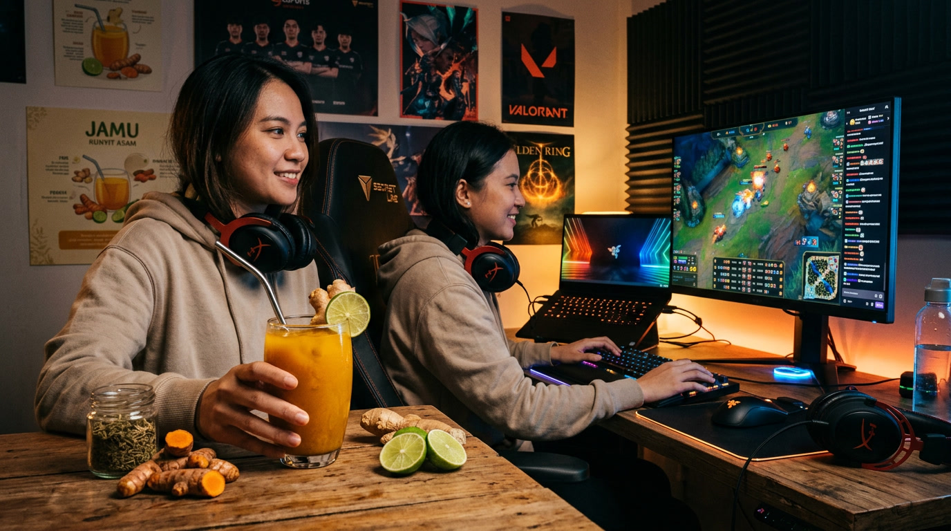 tradisi minum jamu, jamu untuk pemain game online, gaya hidup digital, minuman herbal Nusantara
